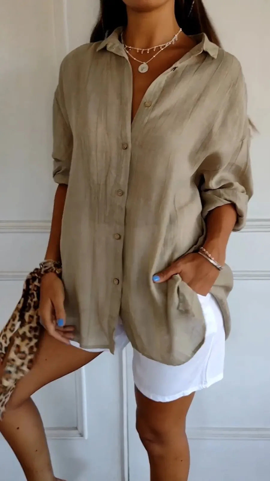 Chemise Plissée Femme à Col Revers
