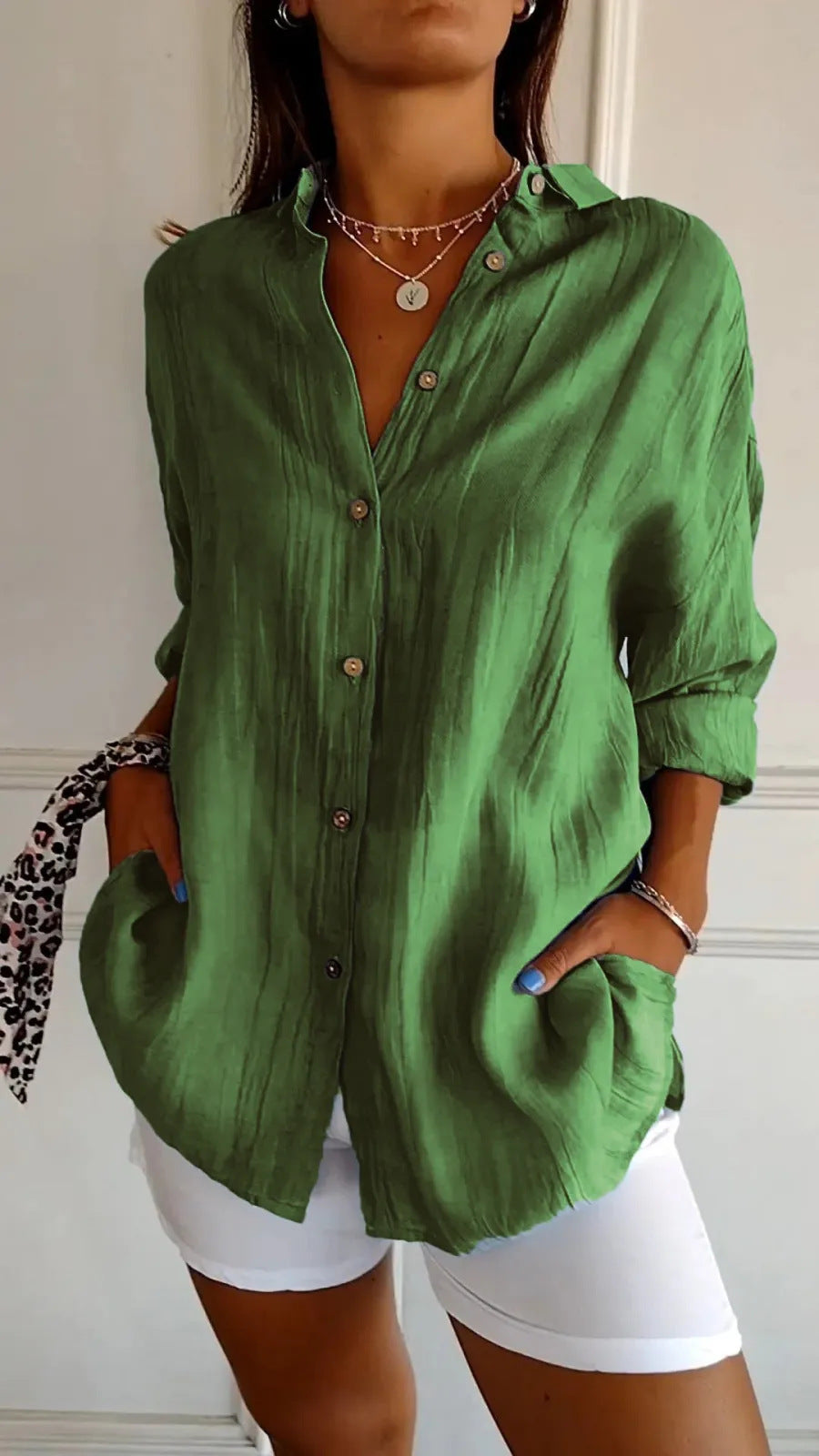 Chemise Plissée Femme à Col Revers