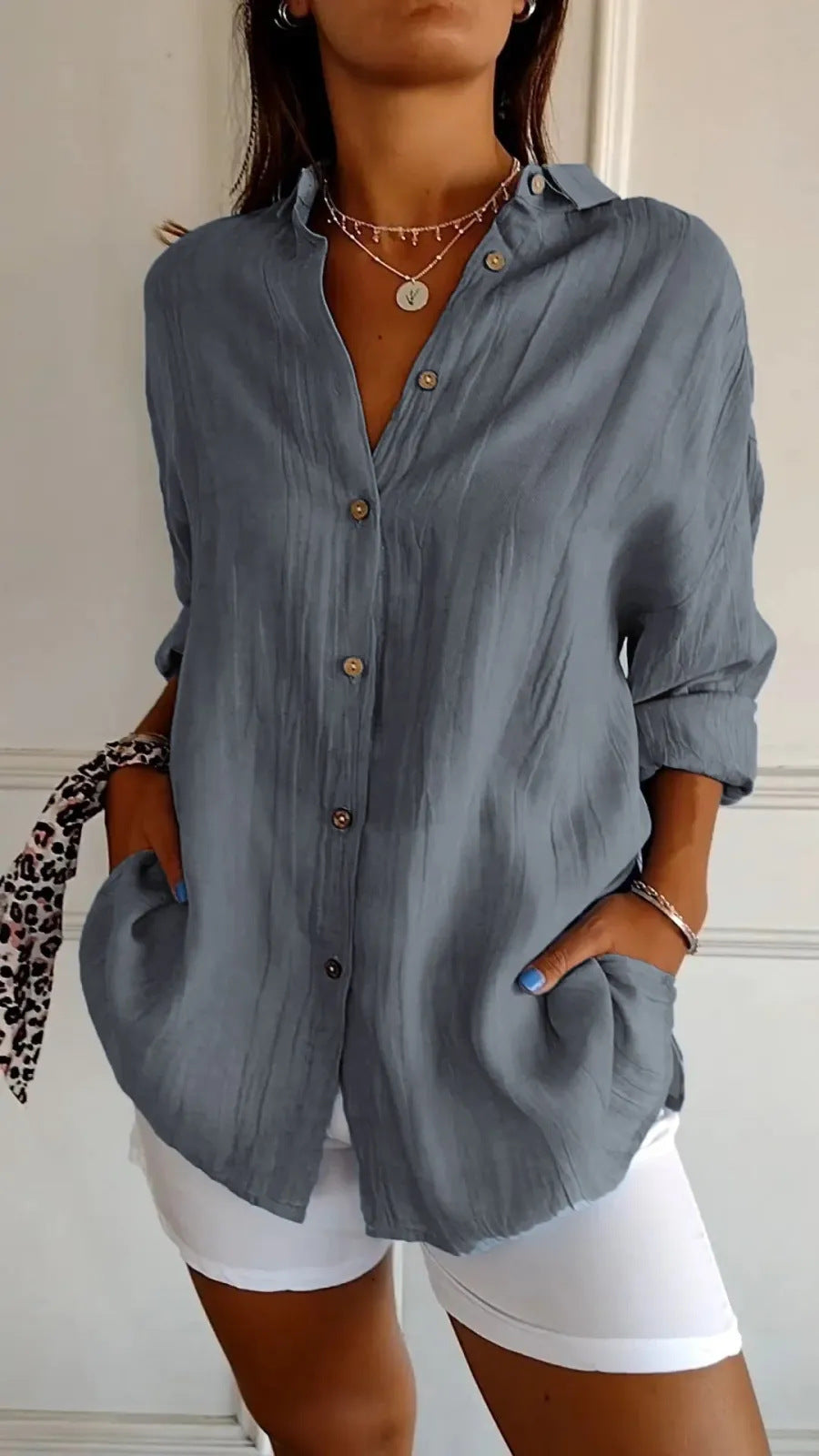 Chemise Plissée Femme à Col Revers
