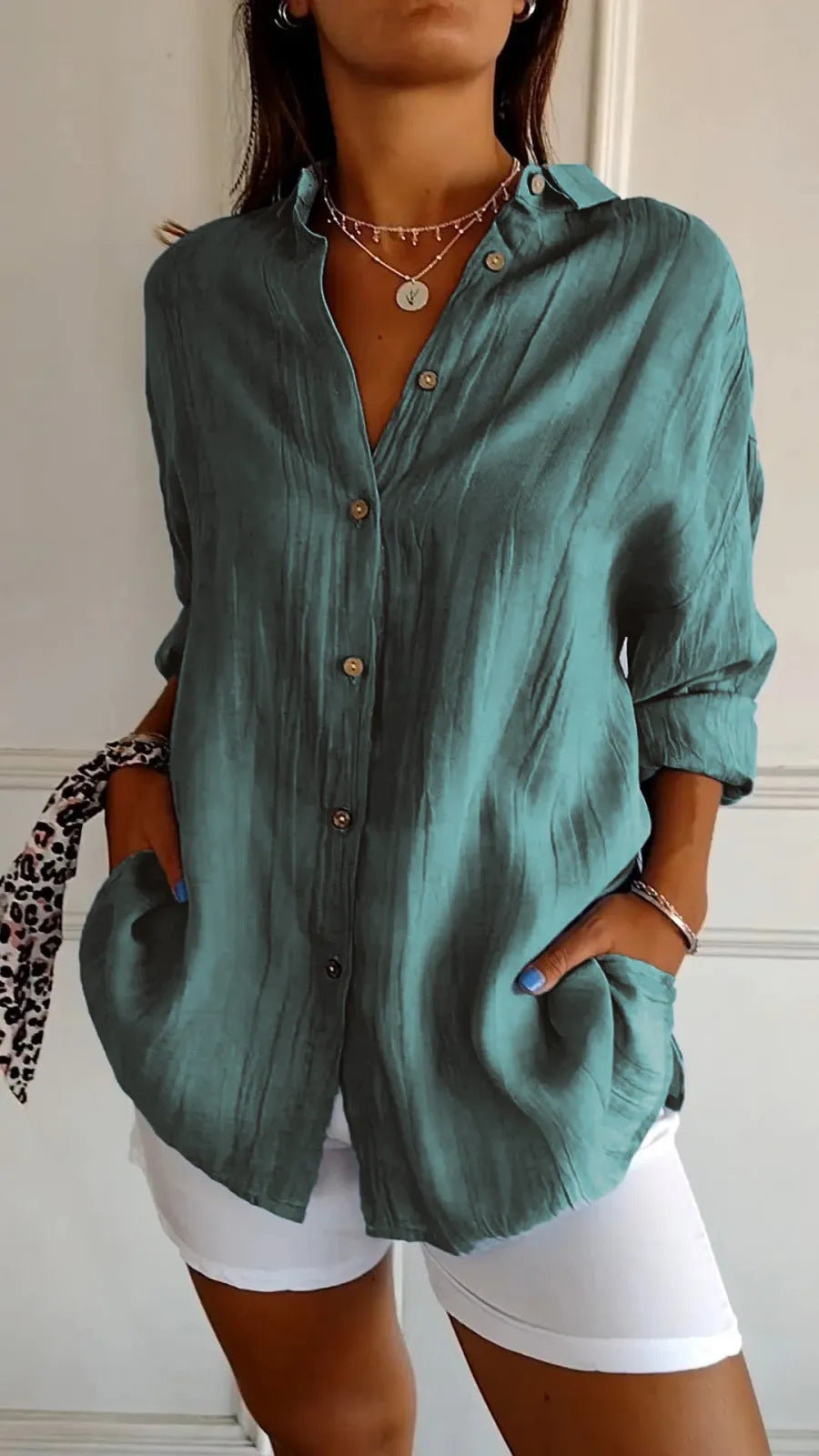 Chemise Plissée Femme à Col Revers