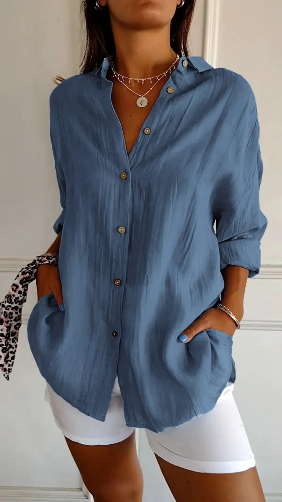 Chemise Plissée Femme à Col Revers