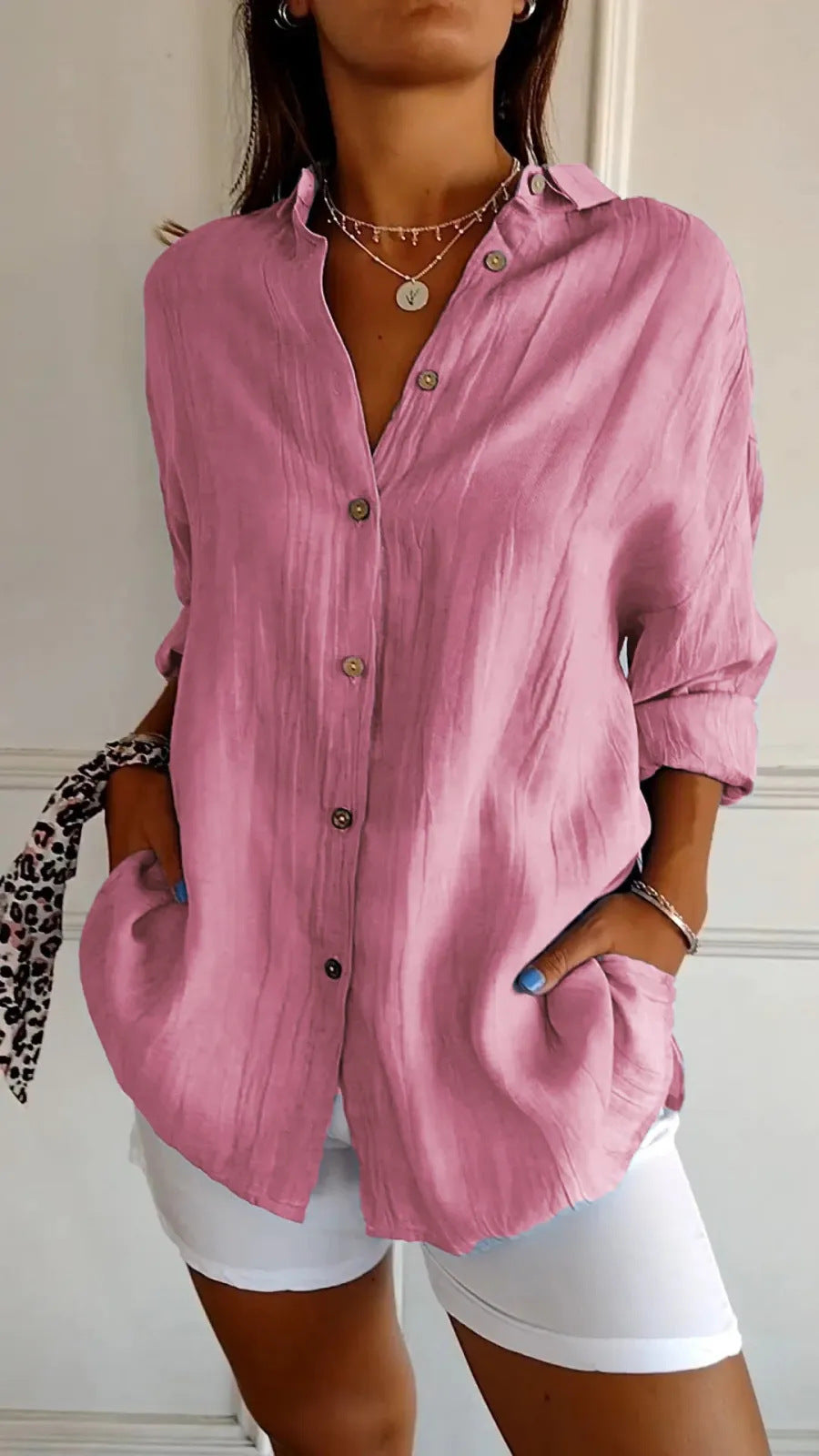 Chemise Plissée Femme à Col Revers